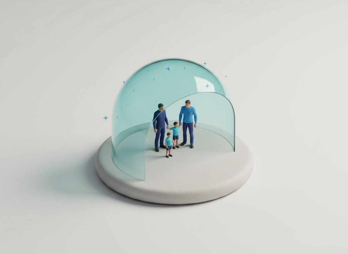 Família em miniatura protegida por um escudo